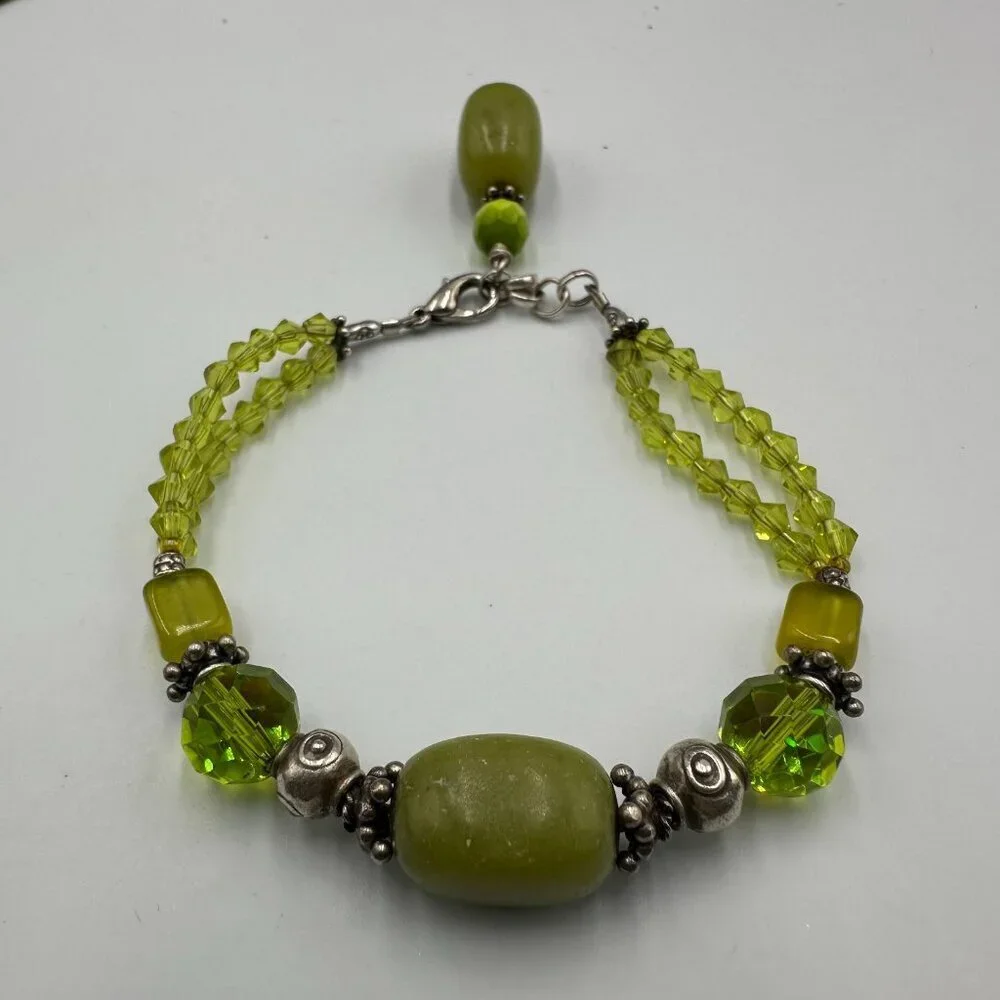 Artisan Bracelet Sterling Silver Beads Clasp Green Glass Dyed Stone Olive Tone